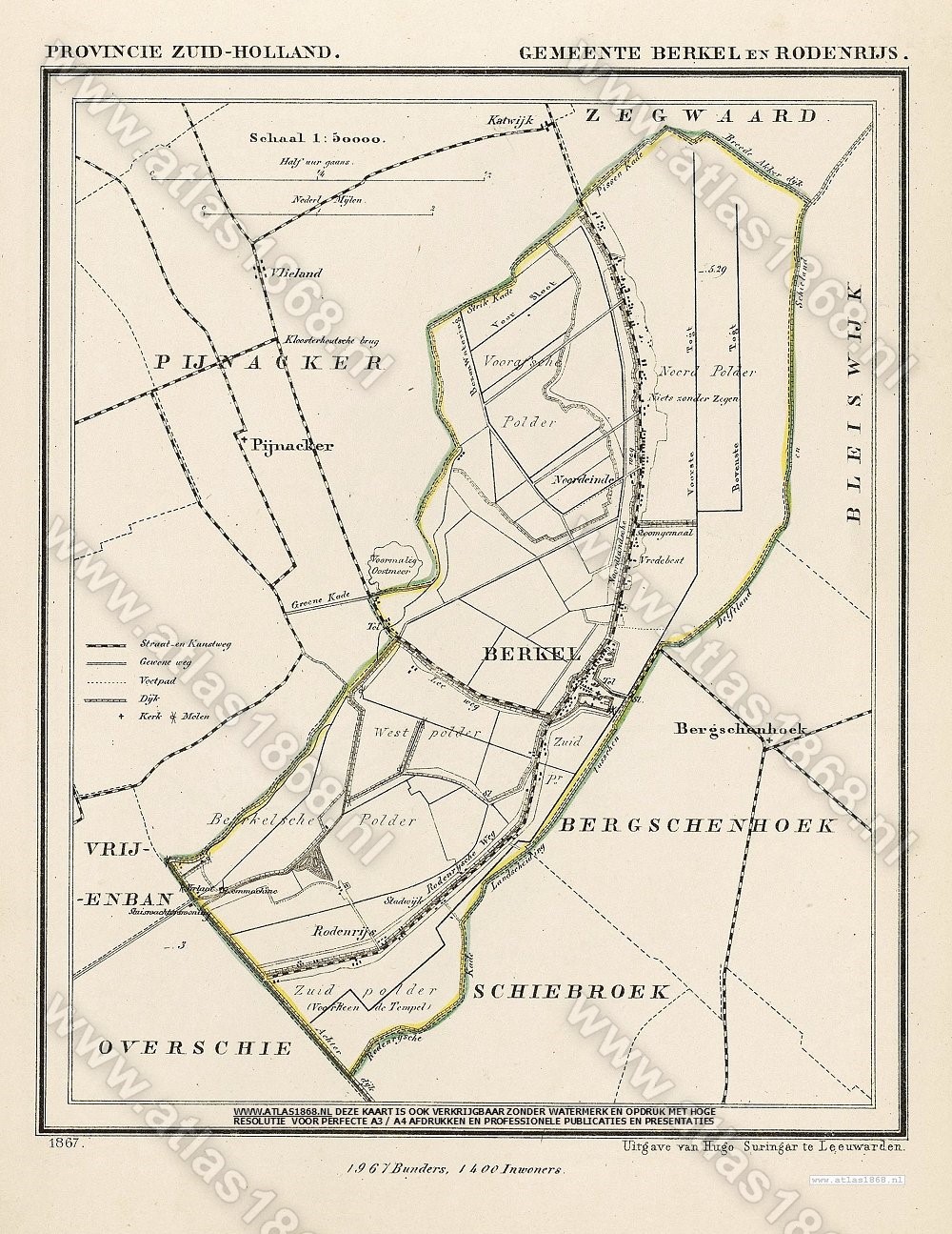 Antique Map-NETHERLANDS-TOWN PLAN-BERKEL EN RODENREIJS-ZUID HOLLAND-Kuyper-1865 